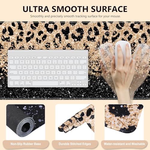 iLeadon Mouse Pad Set, Desk Mat + Mouse Pad with Wrist Rest + Keyboard Wrist Rest + Coaster, 4in1 Leopard Mouse and Keyboard Pad Set for Home Office, Black Gold Leopard - color: Black Gold Leopard