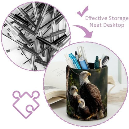 Eagle Family Pen Holder Pencil Organizer for Desk, 3.1” x 3.1” x 3.9” Pencil Cup Office Supplies, Large Capacity Cute Pen and Makeup Brush Holder for Desktop, Home, School - color: Eagle Family
