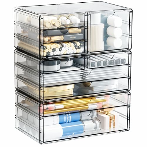 Yieach 3 Pack Clear Storage Drawers With 10 Drawers,Stackable 11.1” Large Acrylic Drawer Organizer and Makeup Organizer For Vanity,Bathroom Countertop,Cabinet,Pantry,Office Supply Storage Bins Drawers - size: Large 10 Drawers