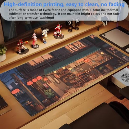 Extended Gaming Mouse Pad XL, Japanese Anime Desk Mat 31.5x15.7, Non-Slip | Beautiful large desk pad featuring a cozy retro Japanese street design. Elevates your aesthetic home office setup. - color: Warm and Cozy Store