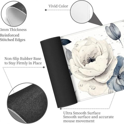 Flower Extended Mouse Pad Navy Cream Watercolor Floral Minimal Chic XL Mouse Pad Large Mousepad Extended Laptop Keyboard Mat Gaming Desk Pad Mouse Mat 31.5x11.8 Inch - color: Flower