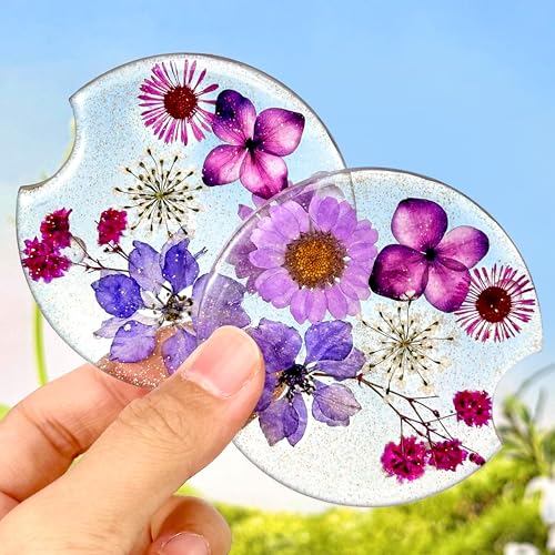 Swooflia Flower Car Cup Holder Coasters for Women - 2.75 Inch Cute Resin Clear Automotive Drink Cupholder Insert Car Accessories 2 Pack Pink Purple - color: Pink Purple
