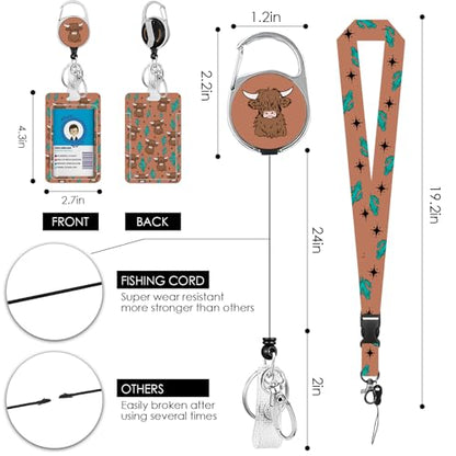Lanyards for ID Badge, Cow Lanyard ID Card Holder with Retractable Reel Clip and Keychain, Wild Yak Vertical Identity Heavy Duty Badge Cover Case Protector for Teacher Nurse Women Men - color: Cow-brown