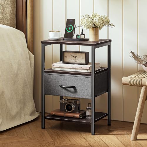 SUPERJARE Nightstand with Charging Station, Bed Side Table with Adjustable Fabric Drawer, Night Stand for Bedroom, 3-Tier Storage End Table, for Living Room - Walnut - color: Walnut, size: M (11.8"D x 15.7"W x 23.4"H)