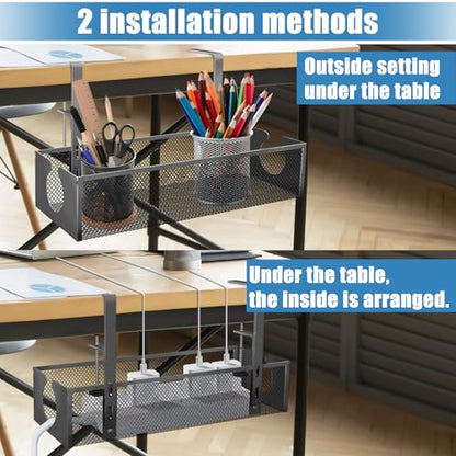 Under Desk Cable Management Tray, No Drill Steel Cord Organizer Kit with 52Pcs Different Essential Accessories for Home Office Standing Desk (13.4inch, Black) - size: 52-Piece