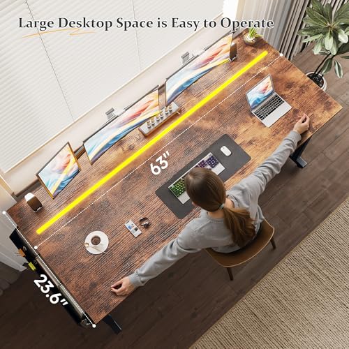 DurayLoly 63" Home Office Desk with LED Lights,Computer Desk for 2 Monitors or 2 laptops,Spacious Under-Desktop for Study Writing Work Gaming Desk,Sturdy Metal Frame,Bedroom,Rustic Brown - color: Brown, size: 63 Inch