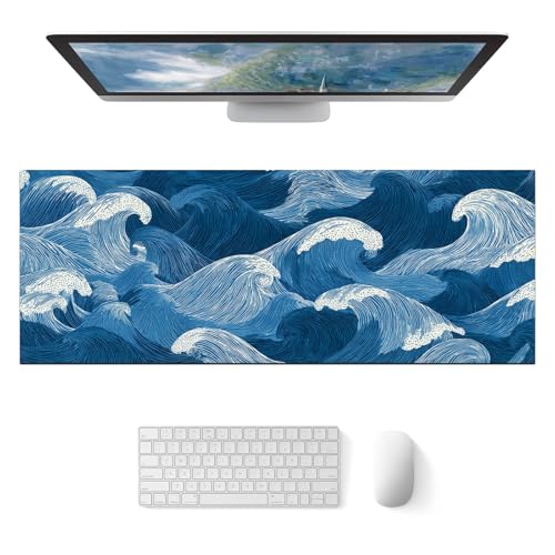 HOMETITUTE Ocean Wave Line Art XL Mouse Pad Gaming Mousepad 31.5x11.8 Inch Non-Slip Keyboard Desktop Protector Mat Diatomite Large Mouse Pad for Home and Office Desk Accessories - color: Ocean Wave Line Art