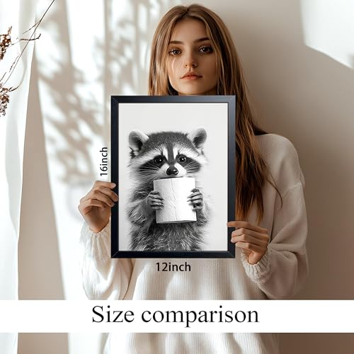 XYHYRA Bathroom Wall Art, Cute Black and White Raccoon Canvas Prints Poster, Funny Animal Decor Oil Painting, Modern Farmhouse Picture Artwork for Bathroom Toilet Wall Decor 12X16 Inch Framed - color: Black and White Animation-D, size: 16"L x 12"W