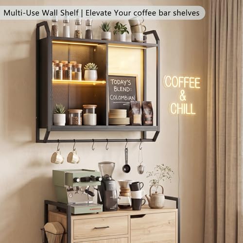 Gaming Floating Wall Shelves with Led Lights, Wall Mounted Shelf, 24" Led Lights and Adjustable Glass Bar Wine Shelf, Black Wall Shelf with 6 Hooks for Gaming Room Bedroom Living Room