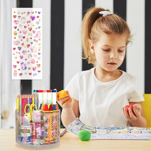 Wawocs Acrylic Pencil Organizer for Desk 4 Compartments with Adhesive DIY Sticker, Rotating Art Supply Organizer with Kawaii Sticker Kids, Spinning Round Marker Small Supply Caddy - size: Medium x1 sticker