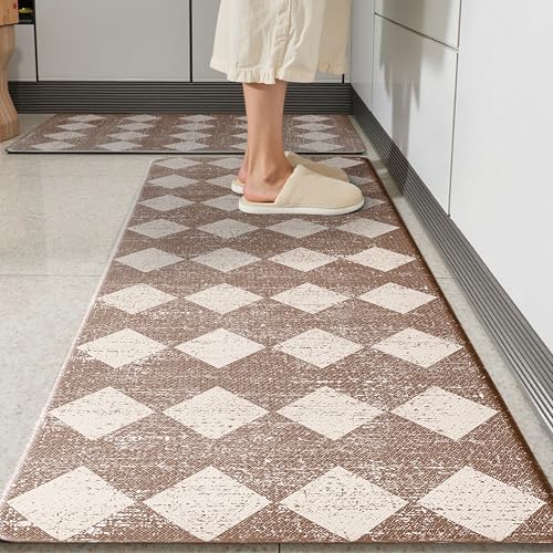 Khaki Beige Moroccan Trellis Checkered Kitchen Rug Sets [2 PCs], Anti-Fatigue, Waterproof Non-Slip Kitchen Mats Heavy Duty Ergonomic Comfort Foam Rug for Floor, Home, Laundry,17"x29"+17"x47" - color: Trellis-khaki & Beige, size: 17.3"x29"+17.3"x47"-0.4"H