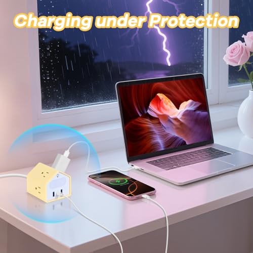 Handy Power Strip with Night Light - Yolk-Yellow Power StripOverload Protection Plug- 20W USB C Charging Station - 4 Outlets + 3 USB Ports for Desk, Nightstand, Couch, Makeup, Electronic Accessories - color: Yolk-Yellow