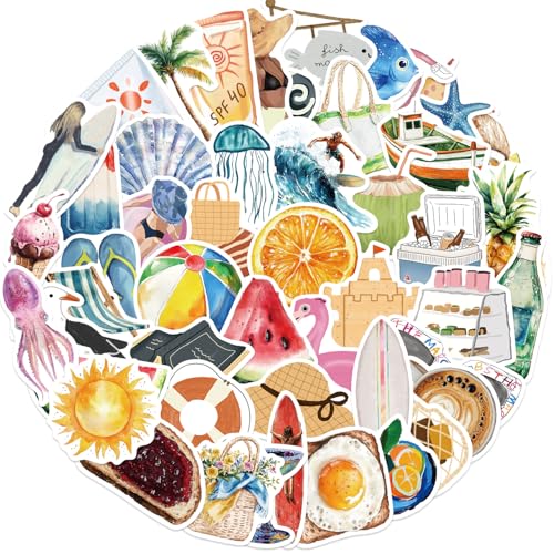 VSCO Beach Stickers for Teens & Adults, 50Pcs Ocean Stickers for Scrapbooking Water Bottles Laptop Notebook, Cute Waterproof Tropical Vinyl Decal for Girls Boys Bulk - style: Beach