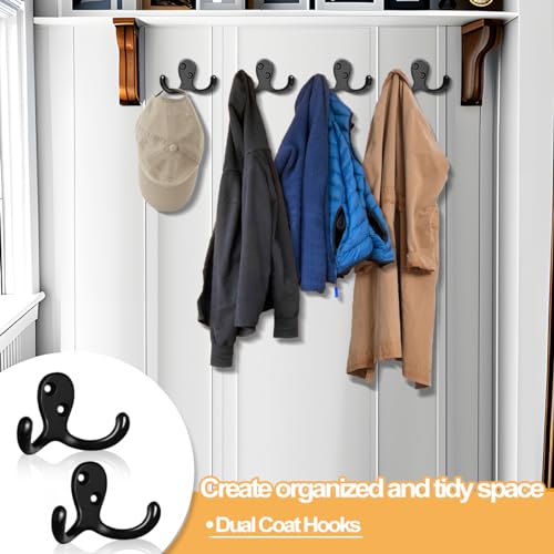 15 Pack Coat Hooks Wall Hooks for Hanging, Heavy Duty Double Prong Metal Hook Wall Mounted for Living Room, Bathroom, Kitchen, Bedroom for Coat, Bag, Scarf, Towel, Hat, Key, Cup (Black) - color: Black-15pack