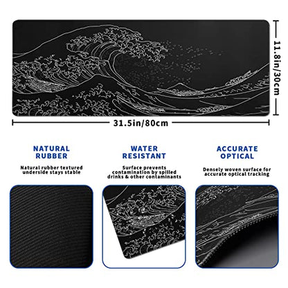Japanese Gaming Mouse Pad Abstract Black Mouse Pad 31.5x11.8 Inch Black Sea Wave Texture Non-Slip Rubber Base Large Ocean Mousepad Stitched Edges Keyboard Mouse Mat Desk Pad for Office and Home - color: Japanese Sea Wave
