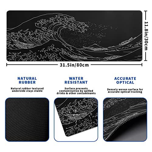 Japanese Gaming Mouse Pad Abstract Black Mouse Pad 31.5x11.8 Inch Black Sea Wave Texture Non-Slip Rubber Base Large Ocean Mousepad Stitched Edges Keyboard Mouse Mat Desk Pad for Office and Home - color: Japanese Sea Wave