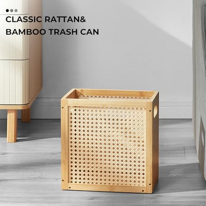 TIOPGHAD 3-Gallon Small Rattan Wicker Waste Basket Trash Can, Natural | Bamboo Frame with Handles, 11.8x6.7x11.8 inches, Waterproof Coating, Ideal for Bathroom, Office and Bedroom - color: Natural