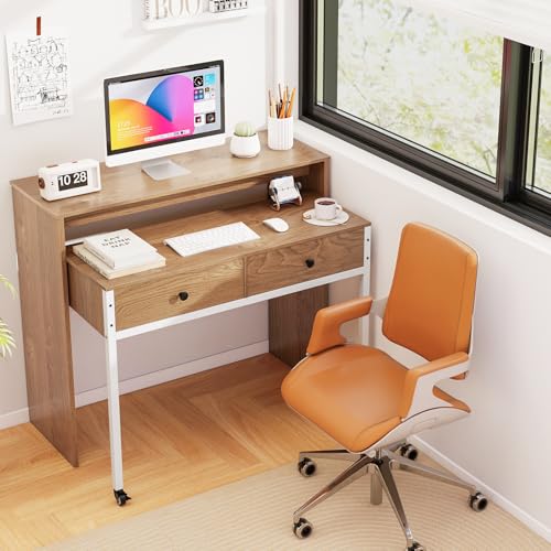 Tangkula Extendable Computer Desk with 2 Storage Drawers, Convertible Home Office Desk with Monitor Shelf, Metal Frame & Lockable Wheels, Rolling Study Writing Desk (Natural) - color: Natural