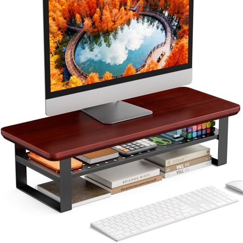 Monitor Stand Riser, 24 Inch Computer Monitor Stand for Desk, 2-Tier Wood Desk Shelf Organizer with Storage, Desktop Stand for Laptop/Screen/PC/Printer, Ergonomic Home Office Monitor Stand - color: Reddish Brown, size: 23.6in