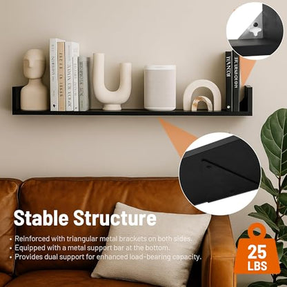 PHOENANCEE Floating Book Shelves,32 Inches Wall Bookshelf U Shaped,Long Hanging Bookshelf for Wall,Large Rustic Storage Books Shelves for Living Room Kitchen Bathroom Office,Set of 4(Black) - color: Black