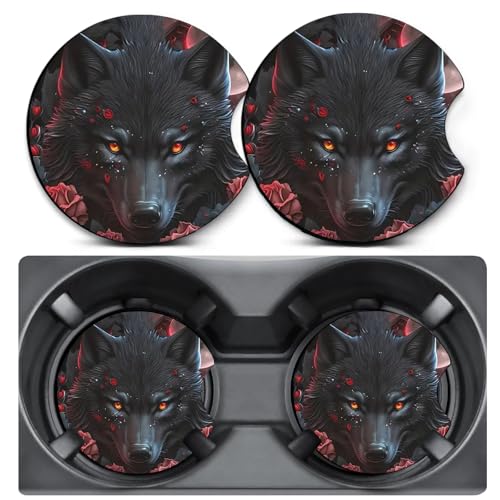 2 Pack Rose Black Wolf Car Coasters Cup Holders,Neoprene Anti Slip Mat | 2.75" Universal Size,Auto Rubber Drink Coasters Decor Car Accessories Interior Rose Black Wolf Gifts for Women Men - color: Rose Black Wolf