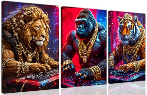 Game Room Decor Gaming Posters Video Game Wall Art Prints Set of 3 Cool Cyberpunk Animal Painting Pictures Gamer Wall Decor for Boy Teen Men Bedroom Bathroom Playroom 16x24in Framed - size: Framed16X 24Inchesx3