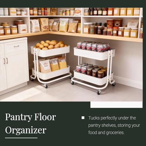 2 Tier Under Desk Storage Cart with Wheels Heavy Duty Metal Short Rolling Pantry Storage Cart for Small Space, Utility Trolley for Kitchen Bathroom Laundry Cute Snack Craft Organizer, White - color: White-1, size: 2-tier