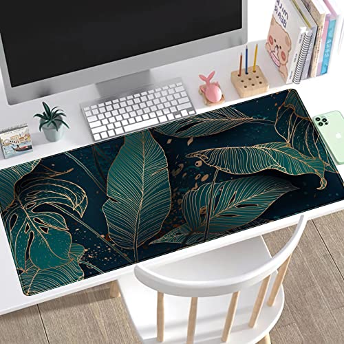 Desk Pad, Green Gold Palm Leaves Extended Gaming Mouse Pad Cute Large Desk Mat, Non-Slip Rubber Base Mousepad with Stitched Edges, Keyboard Mouse Mat Desk Pad for Game Office Home 31.5x15.75 in - color: Green Gold Palm Leaves