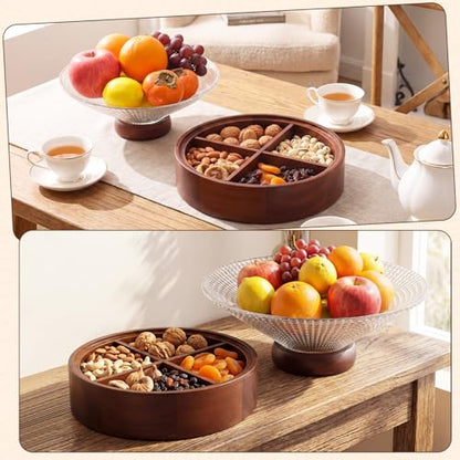 Blushtier Acacia Wood Snack Box with Glass Lid 8" Removable 4 Compartment Serving Tray Candy Nut Organizer Chip Dip Platter for Party Fruit Coffee Table Home Decoration Storage Box
