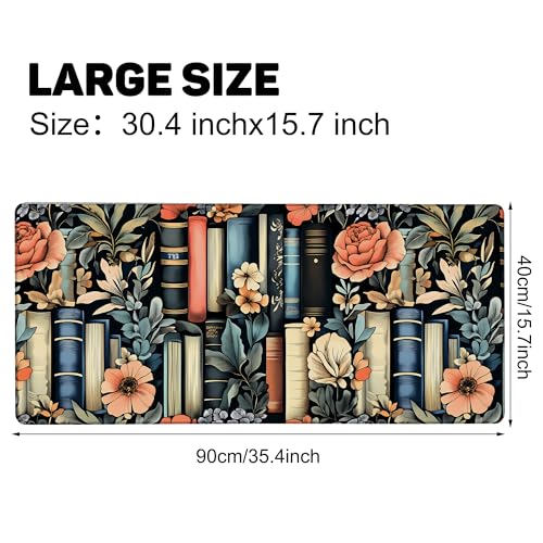 Books and Flowers Gaming Mouse Pad 35.4 x 15.7 Inches with Non-Slip Rubber Base, Smooth Cloth Surface Desk Keyboard Mat for Computer, PC, Laptop, Desktop - color: Books and Flowers