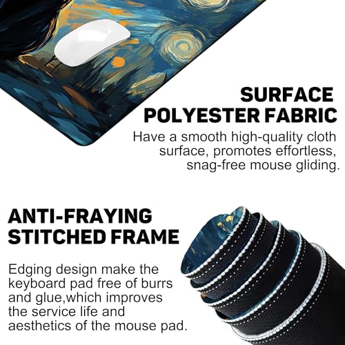 Black Cat Under Starry Night Gaming Mouse Pad Large Desk Mat Extended Keyboard Anime Mousepad with Non-Slip Base and Stitched Edge for Desk Home Office Gaming,35.4 x 15.7 Inch - color: Black Cat under Starry Night, size: 15.7*35.4inch