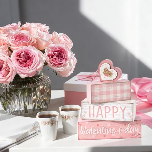 Britimes 4Pcs Valentine’s Day Table Decor Happy Valentine’s Day Pink Heart Tiered Tray Decorations Set Rustic Farmhouse Wooden Stack Block Signs Romantic Tabletop Decor for Table & Home Office Gift - style: Pink Happy Valentine