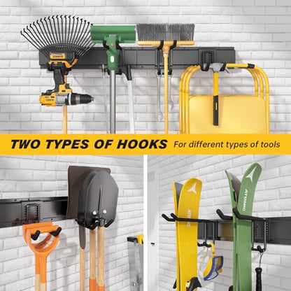 UUP 32 Inches Garage Storage, Garage Organization, Wall Mount Garden Tool Organizer, Max 300lbs Adjustable Metal Hooks, Yard Shed Hanging Rack, Heavy Duty Shelving for Rake Broom Mop Snowboard - size: 32" Alloy Steel with 2 Panels & 4 Hooks