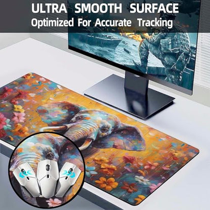 XL Mouse Pad,Elephant in Flower Blossom Large Gaming Mouse Pad,Cute Elephant Floral Desk Mat,Extended Big Computer Keyboard Desk Pad with Non-Slip Base and Stitched Edge 31.5"x11.8" - color: Elephant in Flower Blossom, size: XL-31.5"x11.8"