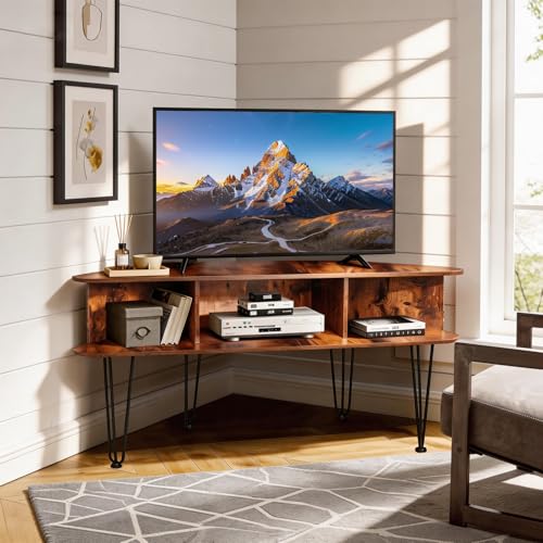 Corner TV Stand for 50 Inch TV, Entertainment Center with Storage Cabinet, Industrial Media Console Table with High Metal Feet and Anti-Slip Pads, Corner TV Stand for Living Room, Brown - color: Rustic Brown