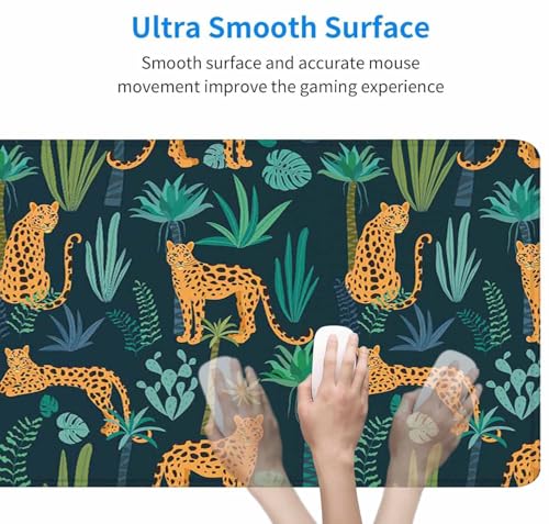 Gaming Mouse Pad XXL XL Large Mouse Pad Mat Long Extended Mousepad Desk Pad Non-Slip Rubber Mouse Pads Stitched Edges Thin Pad (31.5x11.8x0.12 Inch)-Leopard Pattern with Tropical Leaves - color: Leopard Pattern With Tropical Leaves, size: 31.5L x 11.8W in