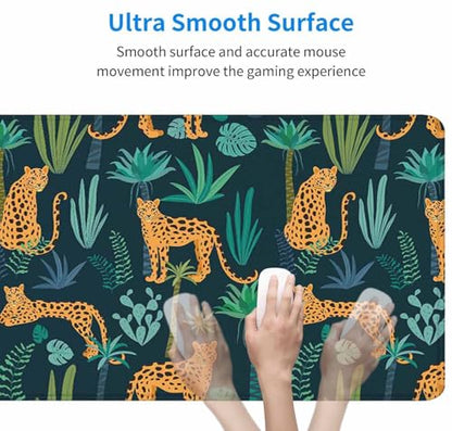 Gaming Mouse Pad XXL XL Large Mouse Pad Mat Long Extended Mousepad Desk Pad Non-Slip Rubber Mouse Pads Stitched Edges Thin Pad (31.5x11.8x0.12 Inch)-Leopard Pattern with Tropical Leaves - color: Leopard Pattern With Tropical Leaves, size: 31.5L x 11.8W in