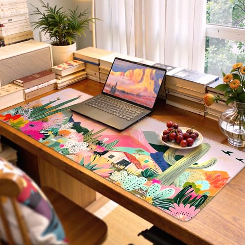 iCasso Large Gaming Mouse Pad (35"x16") - Waterproof Desk Mat with Non-Slip Rubber Base & Stitched Edges - Extended Keyboard Mousepad for Computer, PC, Office, Home Workspace (Cactus) - color: A-cactus