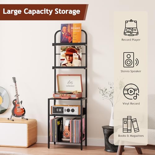 Homsorout Record Player Stand with Vinyl Storage - 5-Tier Turntable Table with Adjustable Feet, Metal & Wood Cabinet - Console Organizer Display Shelf for Living Room, Apartment - style: Black Without Socket
