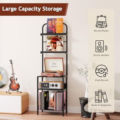 Homsorout Record Player Stand with Vinyl Storage - 5-Tier Turntable Table with Adjustable Feet, Metal & Wood Cabinet - Console Organizer Display Shelf for Living Room, Apartment - style: Black Without Socket