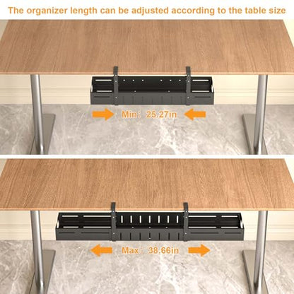 REALINN Under Desk Cable Management Tray Black, Expandable 25.27"-38.66" Sturdy Steel Desk Cord Hider Raceway for Office/Home