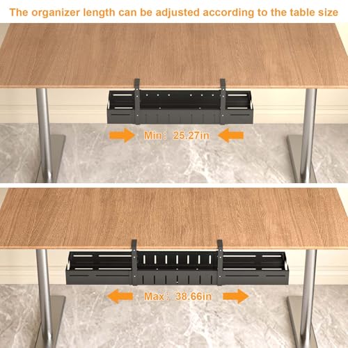 REALINN Under Desk Cable Management Tray Black, Expandable 25.27"-38.66" Sturdy Steel Desk Cord Hider Raceway for Office/Home