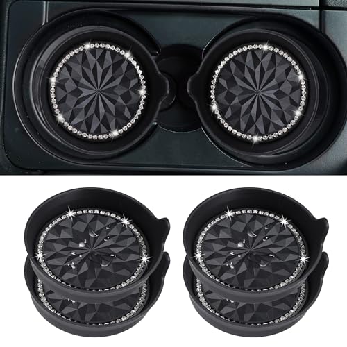 Amooca Car Cup Coaster Universal Non-Slip Cup Holders Bling Crystal Rhinestone Car Interior Accessories 4 Pack Black Flower - color: Black Flower, size: 4 Pack