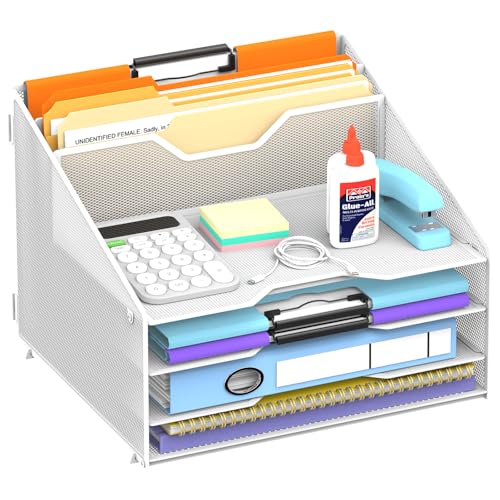 Desk File Organizer, 4 Letter Trays and 2 Upright Sections, White | Paper organizer for desk with tiered letter trays and upright file sections for home office, school and workspace use - color: White