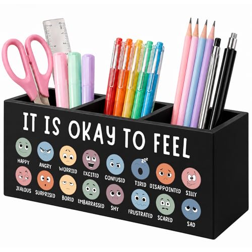 Mental Health Feelings Chart Pen Holder for Desk, Counselor Office Must Haves, Emotions Chart Wooden Box Sign Desk Organizer for Kids Room Classroom Therapy Office Calm Corner - color: Mental Health