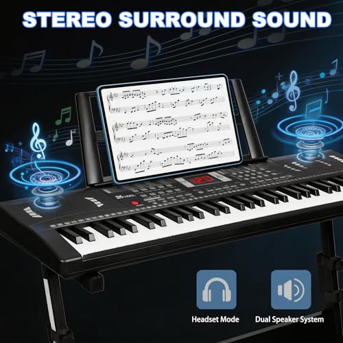 Keyboard Piano 61 Lighted Keys, Electric Keyboard Kit with 100 Voices, 100 Rhythms - Built-In Speaker, Microphone, Sheet Stand and Power Supply, Gift for Children Beginners [Black, Piano with Stand] - color: Black