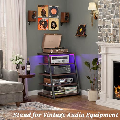 Armocity 5-Tier AV Media Stand with Power Strips, Media Console with LED Lights, Audio Tower Rack with Adjustable Shelves, Stereo Stands and Racks, 40.8'', Black Walnut - color: Black Walnut, size: 40" (H)