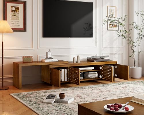LKTART Mid Century Modern TV Stand,Extendable Entertainment Center for 65/70/75/80 Inch TV,Media Console for Living Room&Bedroom, Brown Ebony - color: Extendable Brown Ebony