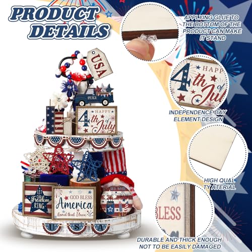 20 Pcs 4th of July 250th Anniversary Patriotic Tiered Tray Decoration USA Flag Wood Signs Rustic Independence Day Wooden Tiered Tray Decorations for Labor Memorial Day Home Party - style: Classic Style