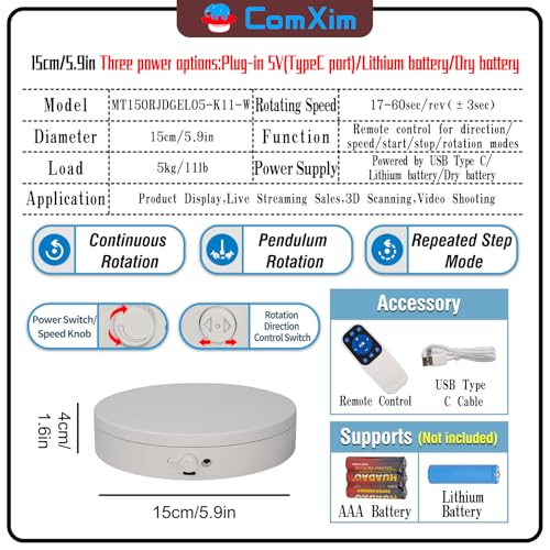Motorized Rotating Display Stand Rotating Lazy Susan Electric Turntable for Display,Photography Turntable for 3D Scanner, Remote Control Angle/Speed,Step/Swing/Continuous Rotation - size: 5.91inch/White/11Lbs Load